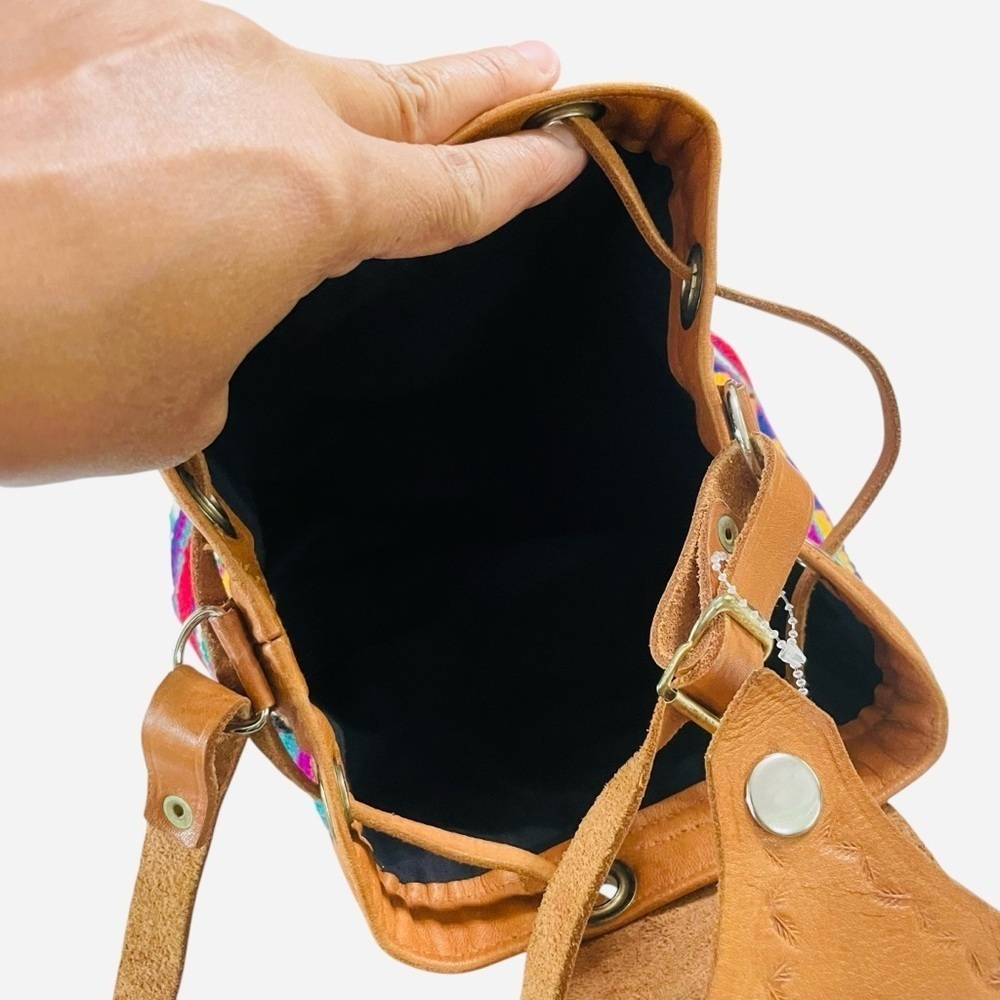 Vintage Handmade Guatemala Boho Multi Color with Leather Trim Bucket Bag - Picture 12 of 15
